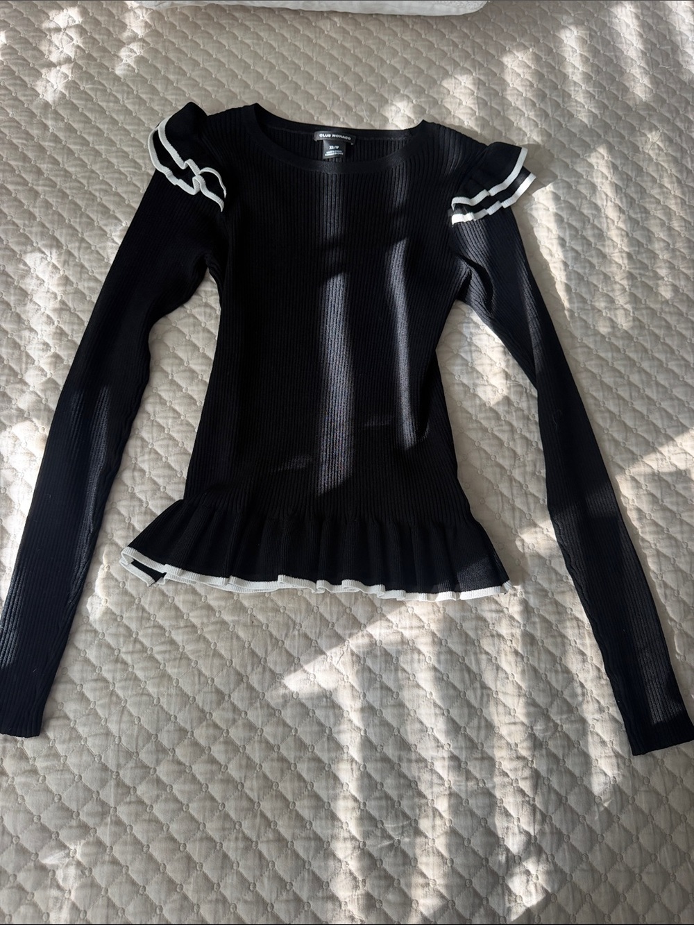 Club Monaco Black Ribbed Long-Sleeve Top with White Trim